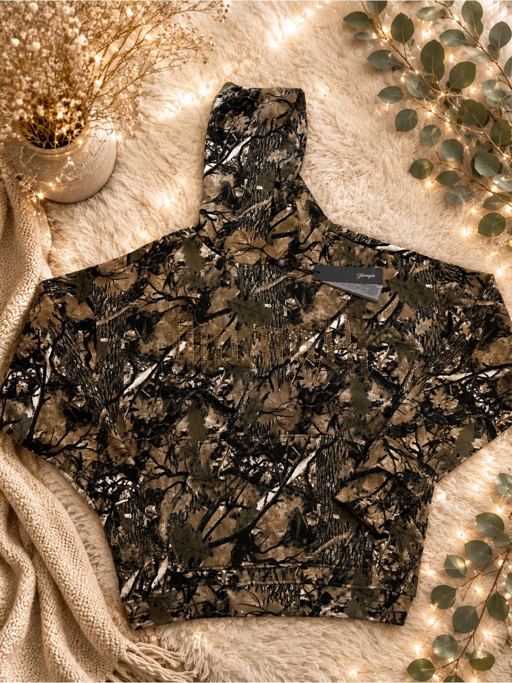 YoungLA Bling Rhinestones Hoodie Green Real Tree Camo Size Small Oversized NEW